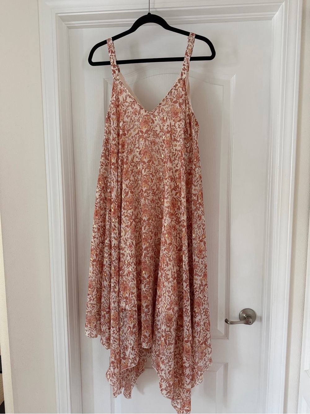 Nina Leonard Blush Floral Asymmetrical Handkerchief Hem Dress